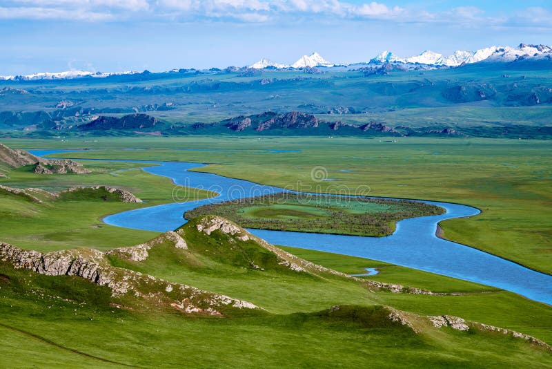 The blue river in summer Bayanbulak grassland