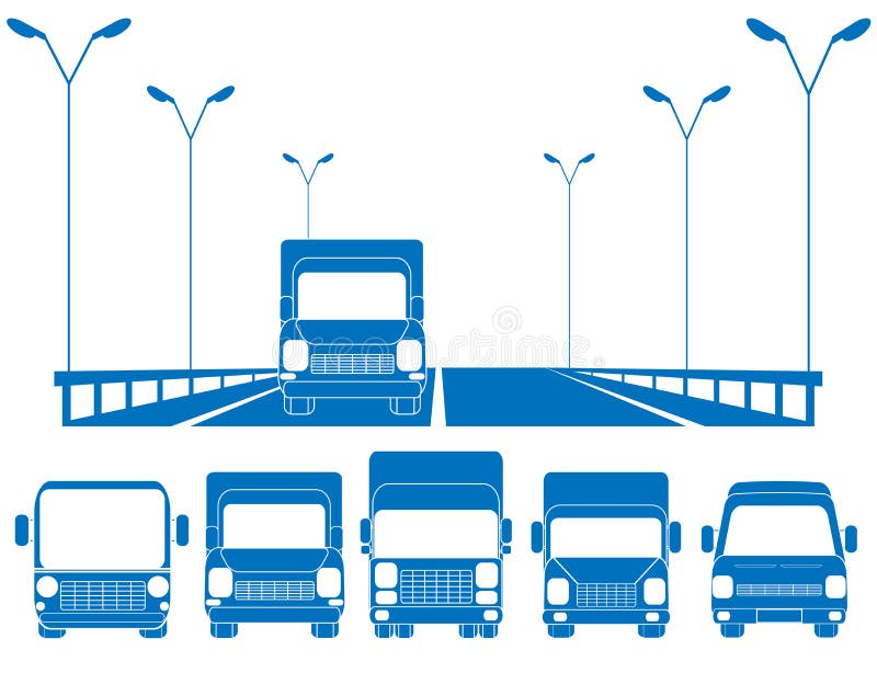 Blue road and set of trucks vector illustration