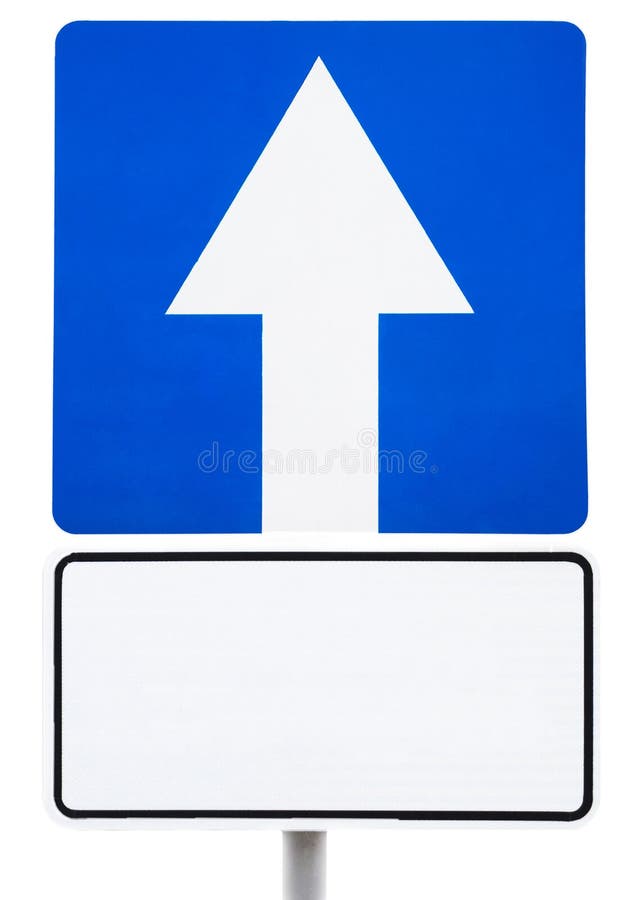 Blue road sign - forward movement with a white signboard for the inscription. royalty free stock photos Blue road sign - forward movement with a white signboard for the inscription. royalty free stock photos
