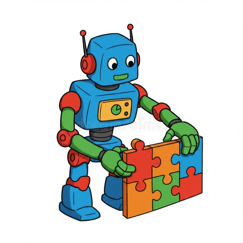 Blue Robot Solving a Colorful Puzzle stock illustration
