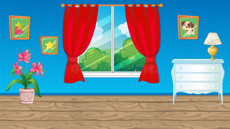 Vector cartoon game background of blue room with red curtain