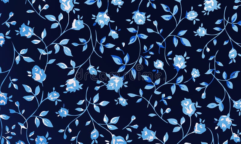 Blue roses seamless pattern on dark background.