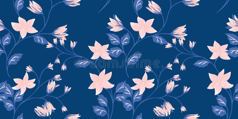Blue seamless pattern with abstract artistic wild floral stems. Vector hand drawn. Creative branches with tiny leaves, flowers royalty free illustration