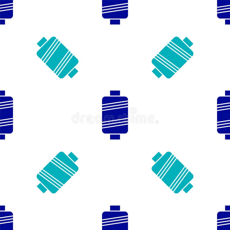 Blue Sewing Thread on Spool Icon Isolated Seamless Pattern on White