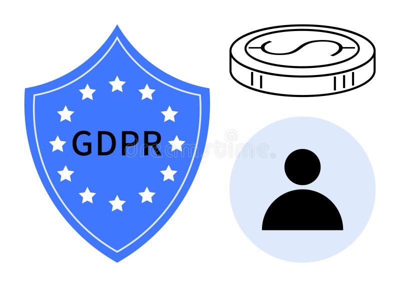 Blue shield with GDPR text, user profile icon in circle, and coin emphasizing data protection, privacy rights. Ideal for compliance, security, regulations, transparency, consent digital ethics. User consent vectors