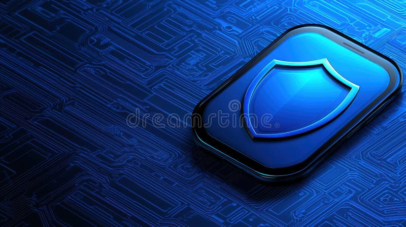 Blue shield protecting digital circuits, ensuring security and data protection in technology vector illustration