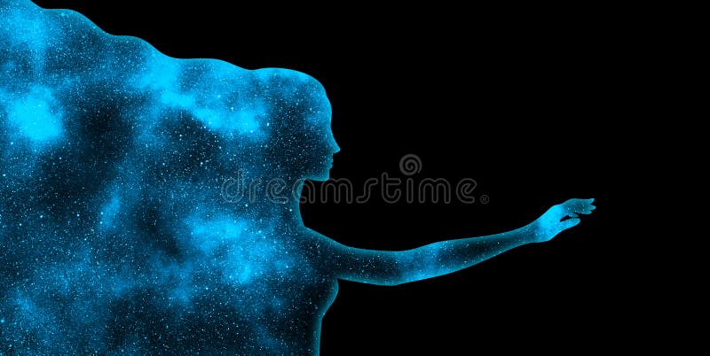 Blue shining star universe in the shape of a woman&#x27;s profile silhouette with outstretched hand on a black background
