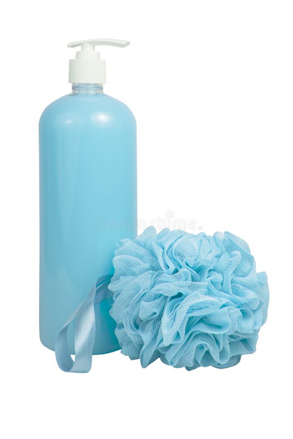 Blue shower gel bottle and sponge for bath isolated on the white background