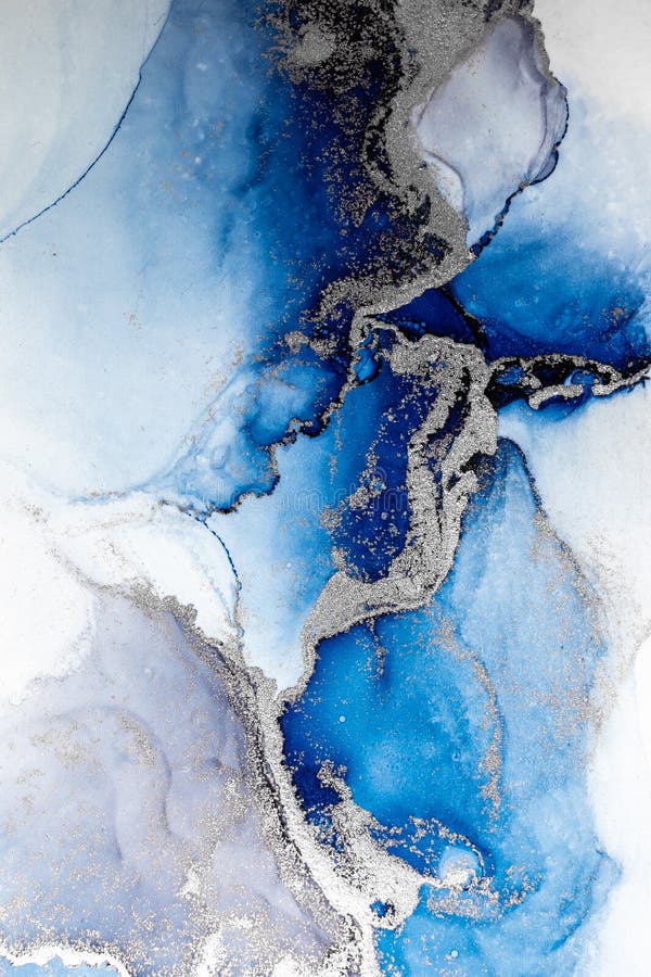 Blue Silver Abstract Background of Marble Liquid Ink Art Painting on ...