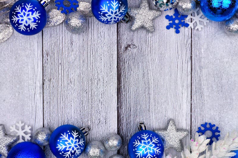 Blue and silver Christmas ornament double border on white wood