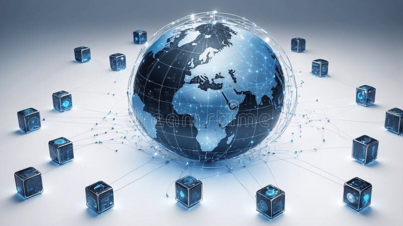 A blue and silver digital globe on a white background, surrounded by many small cube icons representing global network connections stock photography