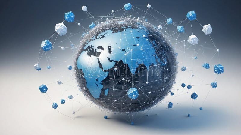 A blue and silver digital globe on a white background, surrounded by many small cube icons representing global network connections royalty free stock photo