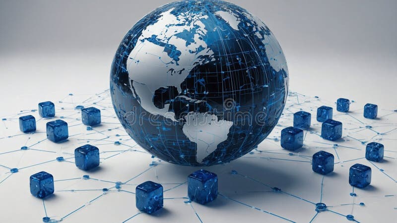 A blue and silver digital globe on a white background, surrounded by many small cube icons representing global network connections stock photo