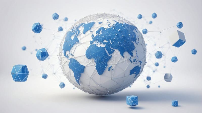 A blue and silver digital globe on a white background, surrounded by many small cube icons representing global network connections stock image