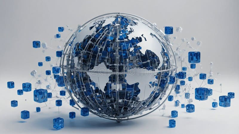 A blue and silver digital globe on a white background, surrounded by many small cube icons representing global network connections stock photography