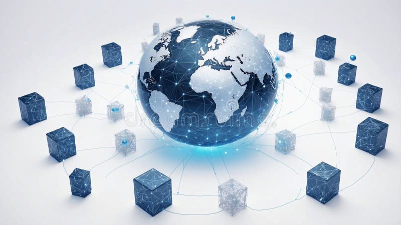 A blue and silver digital globe on a white background, surrounded by many small cube icons representing global network connections stock photos
