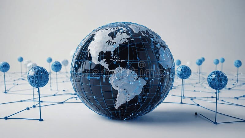 A blue and silver digital globe on a white background, surrounded by many small cube icons representing global network connections royalty free stock photo