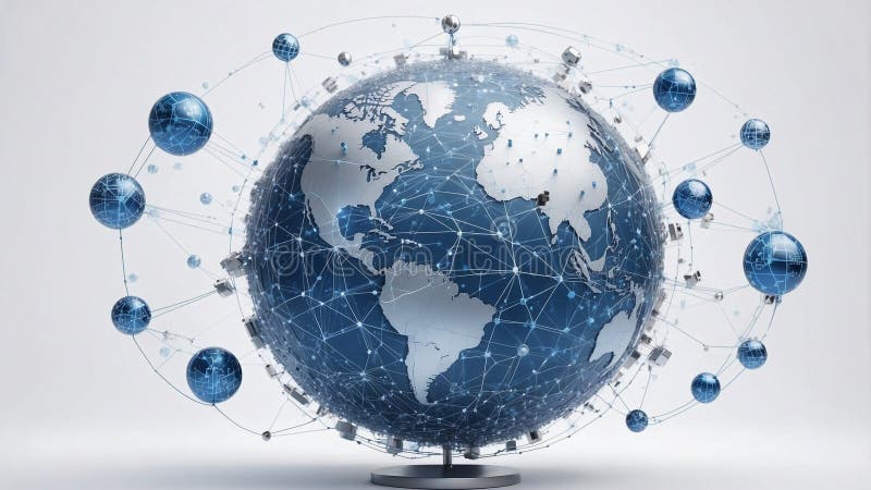 A blue and silver digital globe on a white background, surrounded by many small cube icons representing global network connections royalty free stock photography
