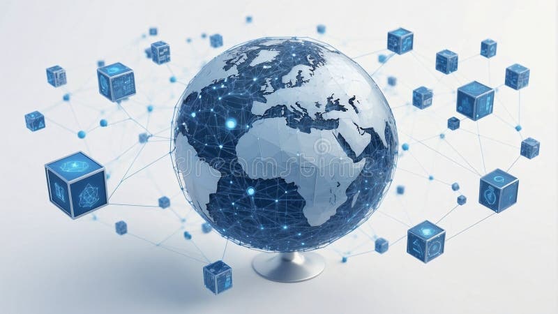 A blue and silver digital globe on a white background, surrounded by many small cube icons representing global network connections royalty free stock photos