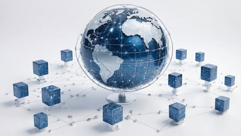 A blue and silver digital globe on a white background, surrounded by many small cube icons representing global network connections royalty free stock photo