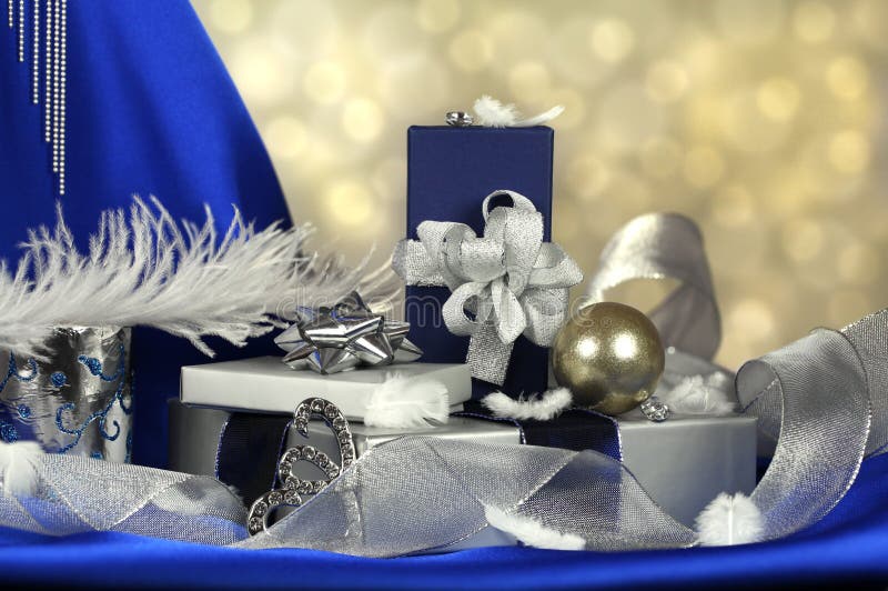 Blue and Silver Gifts Arrangement Stock Photo Image of feather, ball