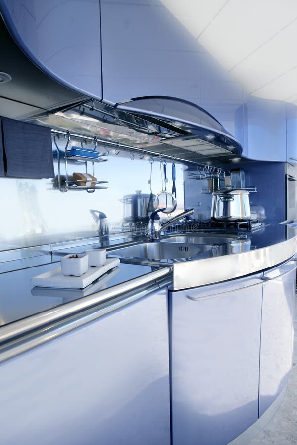 Blue Silver Kitchen Modern Architecture Decoration Stock Photo Image
