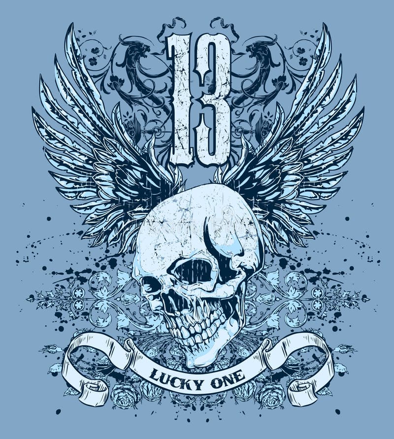 Ilustrovaná t-shirt design lebka s krídlami za to, a číslo 13 a slová šťastie, jeden na hornej a spodnej časti návrhu.