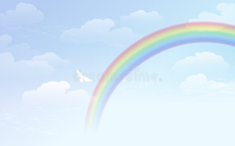 Blue sky background with rainbow and white dove royalty free illustration