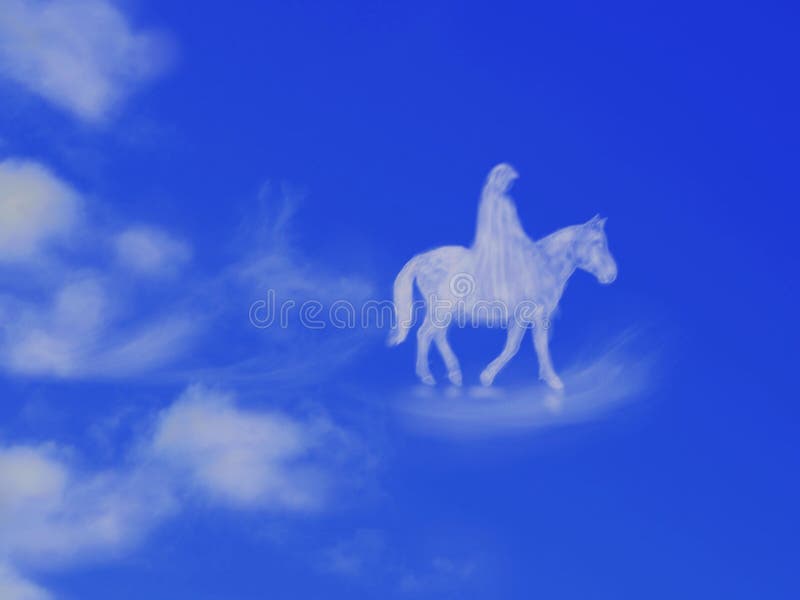 In the Blue Sky on a Horse, a Lone Traveler. Stock Illustration