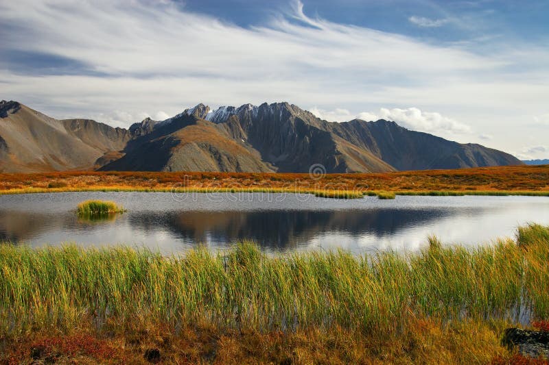 Blue sky, lake and mountains.