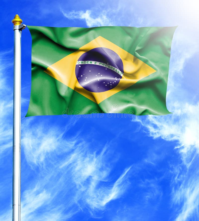 Blue Sky and Mast with Hanged Waving Flag of Brazil Stock Illustration