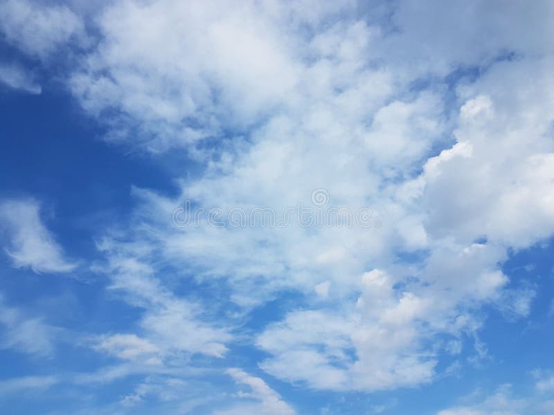 Blue sky with white cumulus clouds on a sunny clear day. Natural background for later design. Prediction of weather on the circula