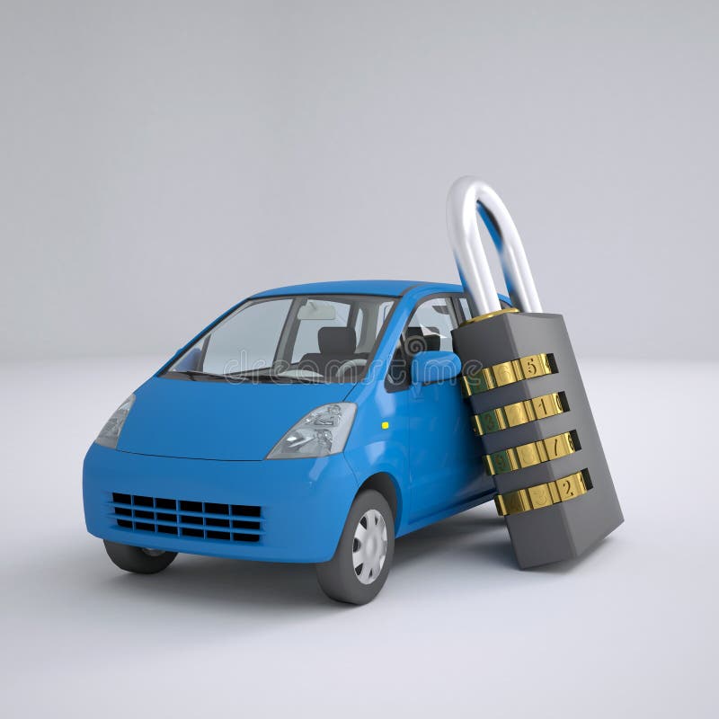 Blue small car and combination lock vector illustration