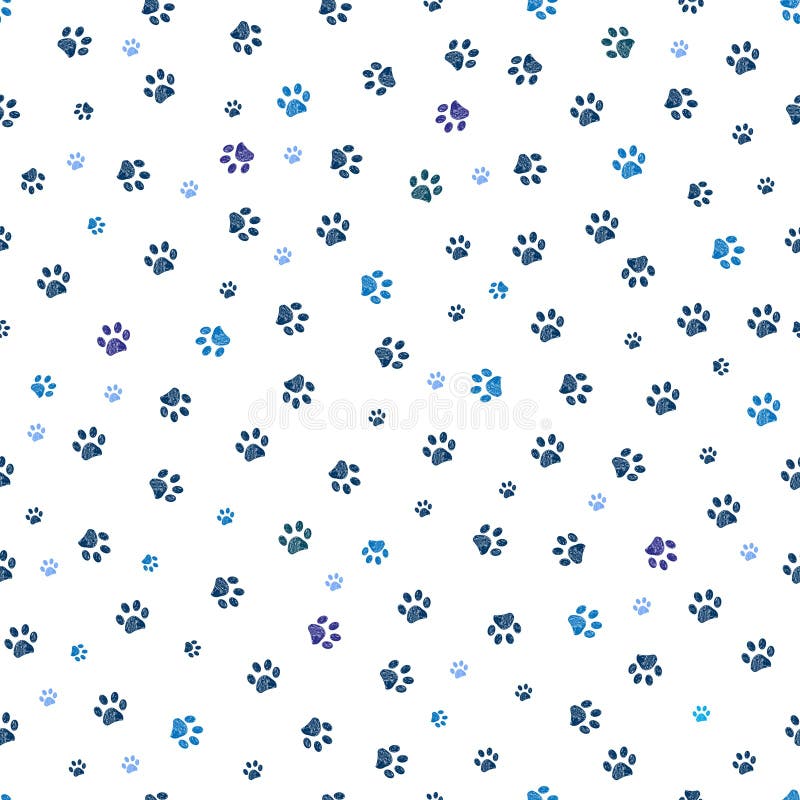 Blue small scale doodle paw prints. Seamless fabric design pattern stock illustration