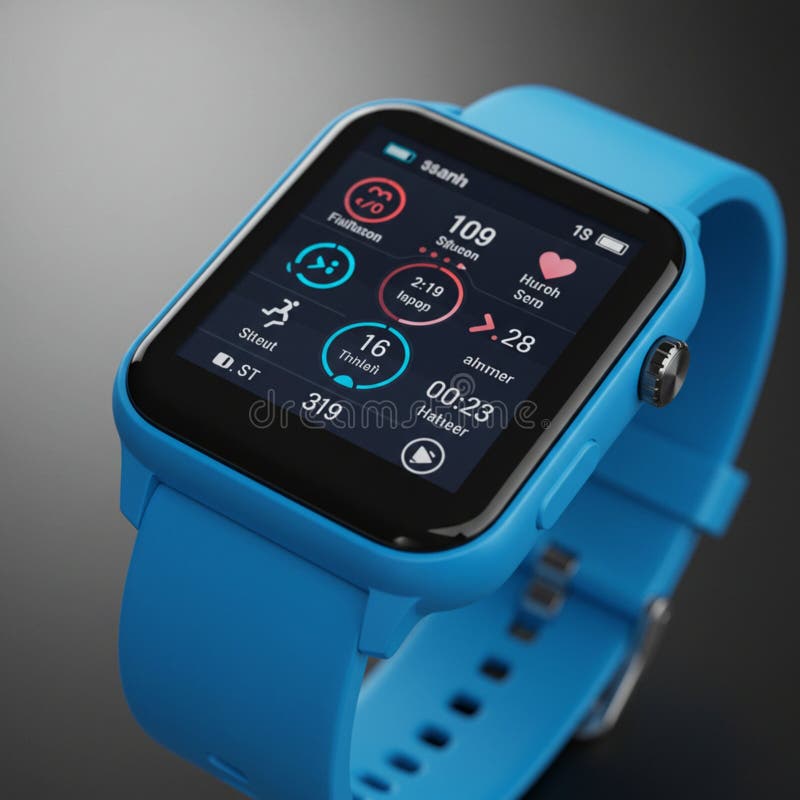 Blue smart watch with a rectangular touchscreen display. The interface shows health royalty free illustration