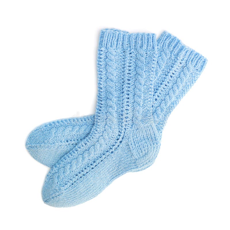 Blue Color Natural Wool Hand Made Knitted Warm Socks Sock on the White Background Stock Photo