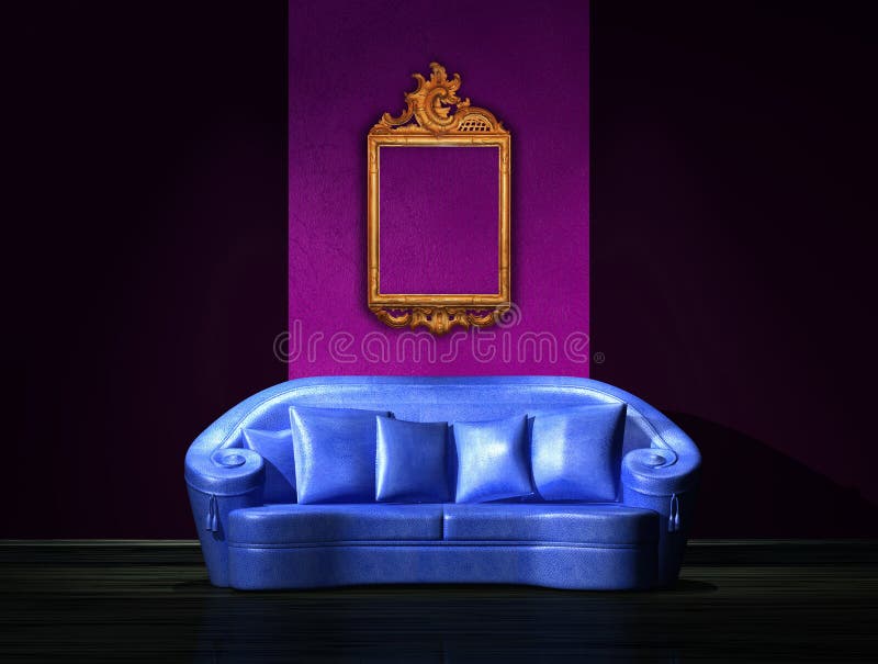 Blue sofa with antique frame on the wall