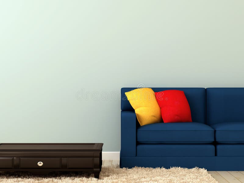 Blue sofa with colorful pillows and a coffee table vector illustration Blue sofa with colorful pillows and a coffee table vector illustration
