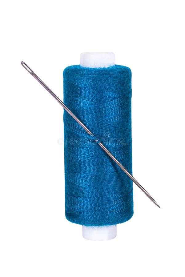 Blue thread and needle isolated on white, Stock image