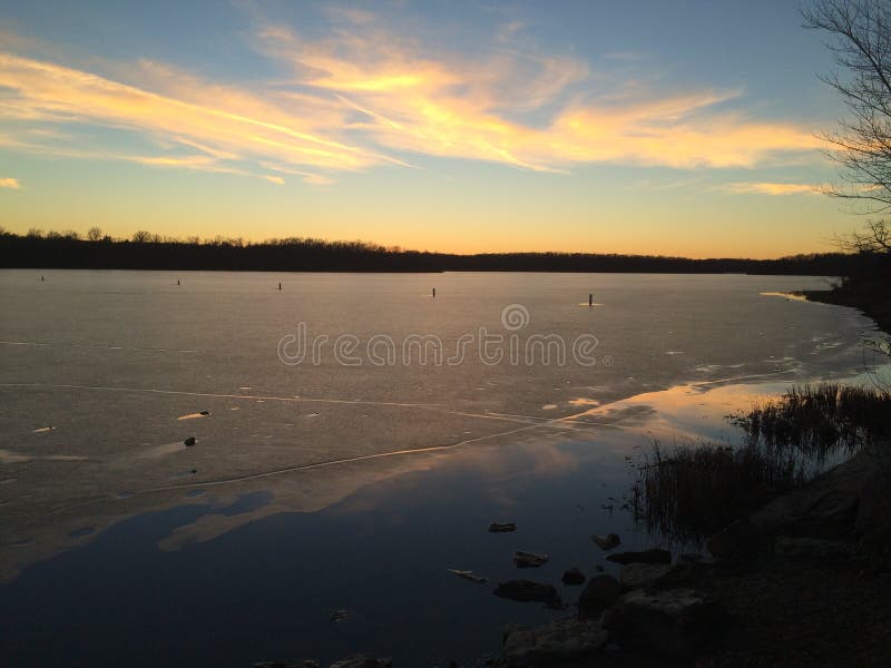 Blue Springs Lake Sunset stock image. Image of winter 50110779