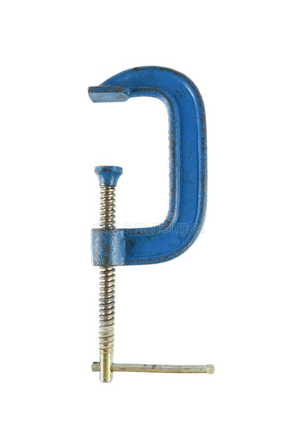 blue steel c-clamp or g-clamp for holding wood or metal isolated