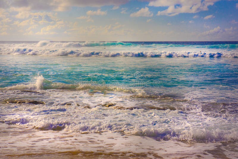 Blue and Teal Ocean Surf Tide with Sea Foam Tropical Island