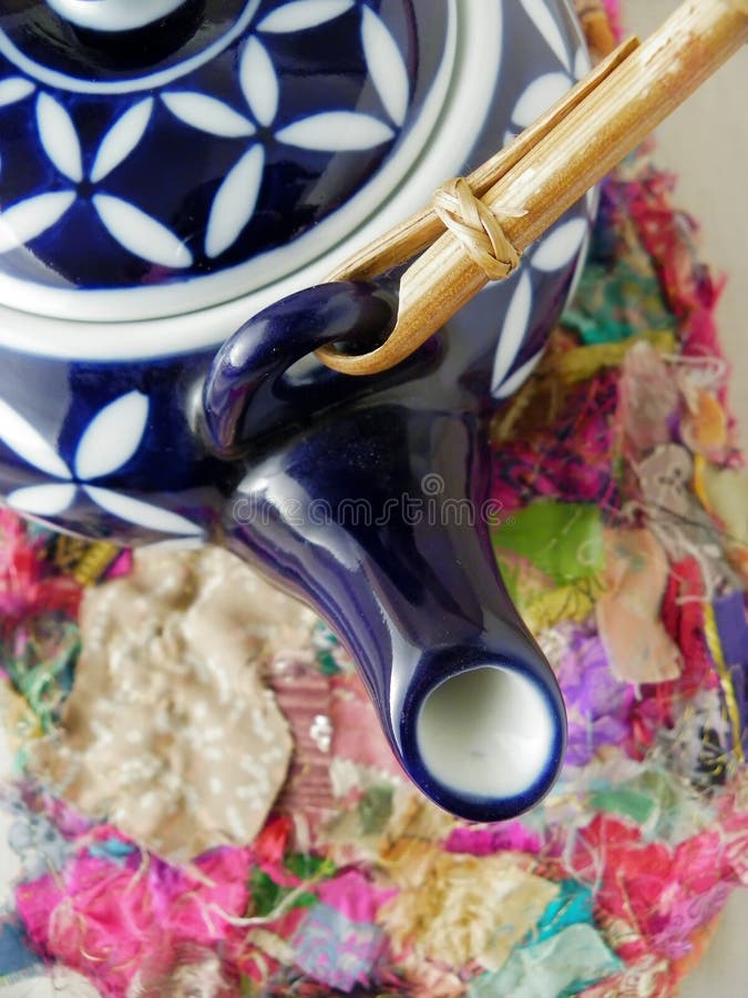 Blue Teapot with Bamboo Shoots Stock Photo Image of background, blue