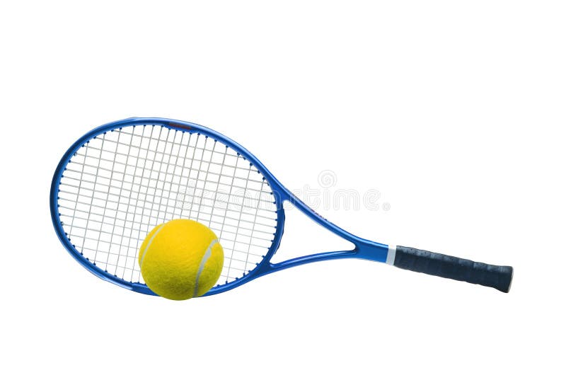 Blue tennis racket and yellow ball isolated white
