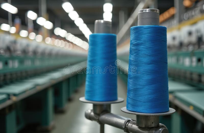 Blue thread spools on industrial sewing machines. Manufacturing workshop with rows of equipment. Automated textile production royalty free illustration