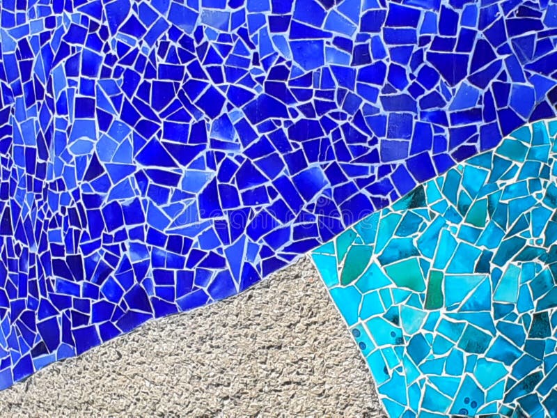 Blue Tiles, Mosaic. Ceramic Work Art on a Wall. Real Texture and