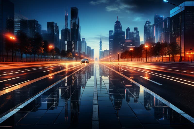 Blue tinged city road illuminated by mesmerizing vehicle light trails Generative AI