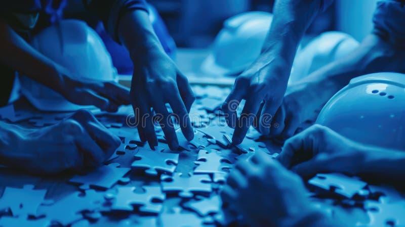 Blue toned image of hands of diverse group of people putting together puzzle AIG535 stock photo