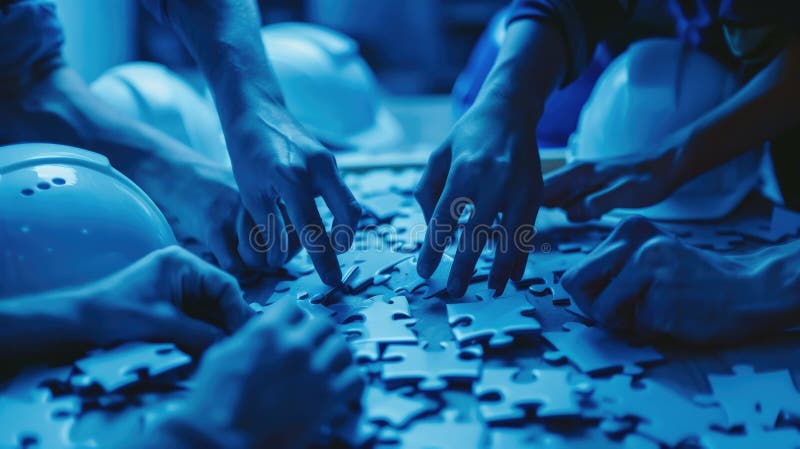 Blue toned image of hands of diverse group of people putting together puzzle AIG535 stock images