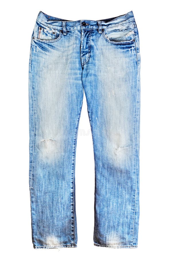 Blue torn denim jeans isolated on white stock image